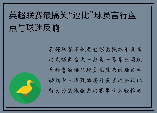英超联赛最搞笑“逗比”球员言行盘点与球迷反响